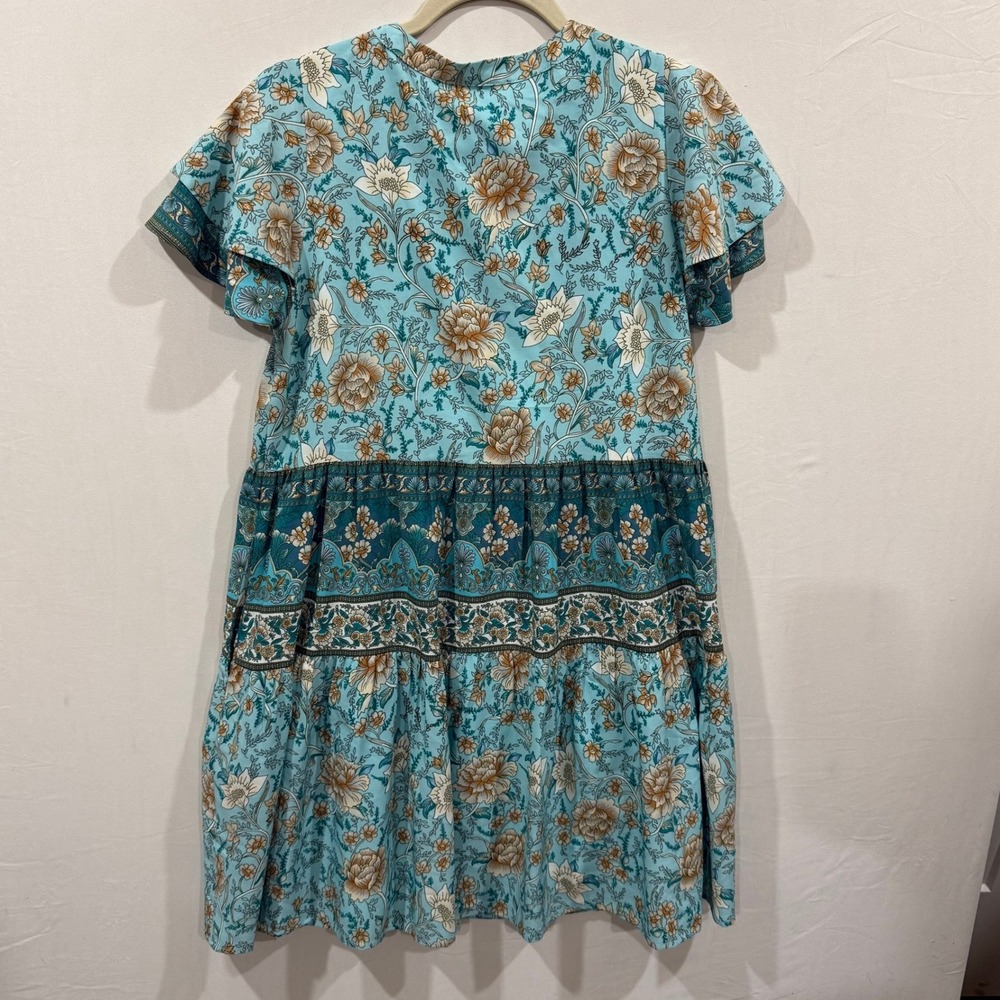 Dee and Rae Turquoise Floral Tiered Boho Mini Dress Small Tassel Flutter Sleeve - Picture 2 of 8